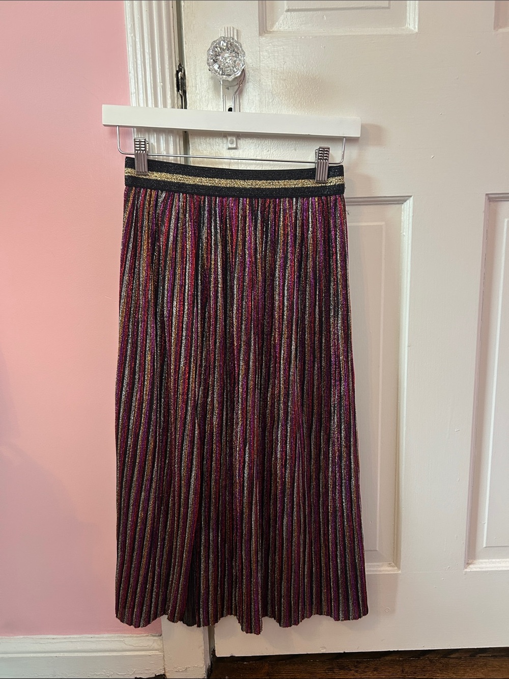 Topshop Pleated Metallic Multi-Stripe Midi Skirt With Slit